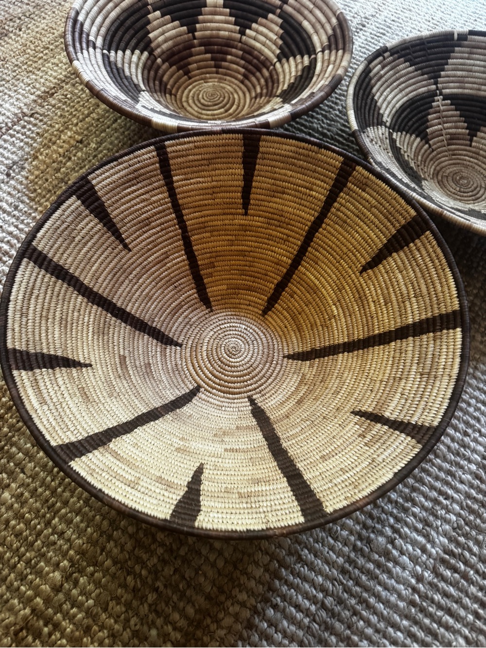Vintage African Handwoven Neutral and Dark Brown Decorative Basket 17”